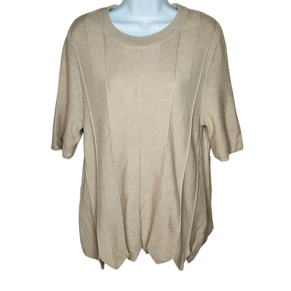 COS Women Beige 100% Wool Short Sleeve Ribbed Knit Sweater Zig Zag Hem Size M